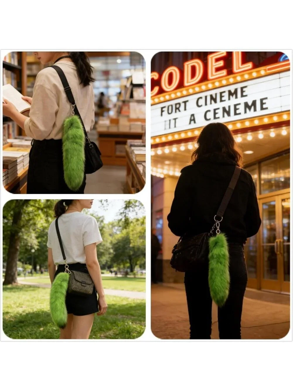 Women's Green Fluffy Fox Tail Cosplay Keychain Birthday Party Costume Handbag